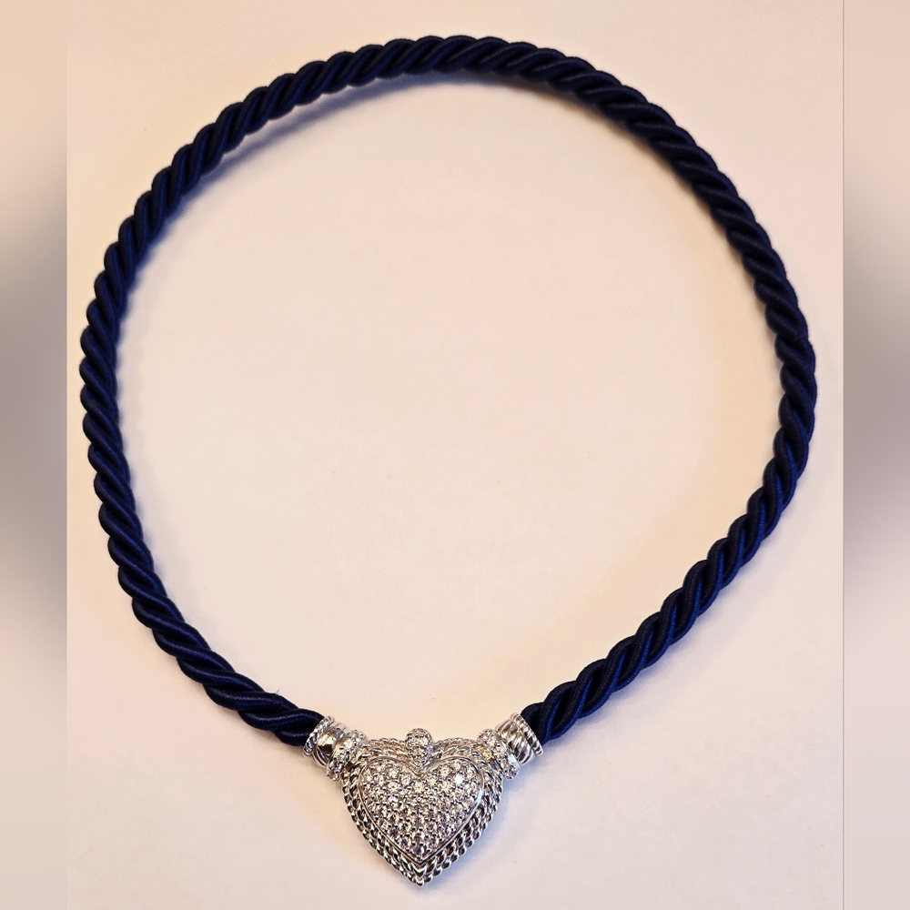 Judith Ripka Silver Heart CZ Necklace with Blue Cord